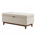 Banc coffre 120 x 45 x 48 cm en tissu beige avec piètement en bois style contemporain