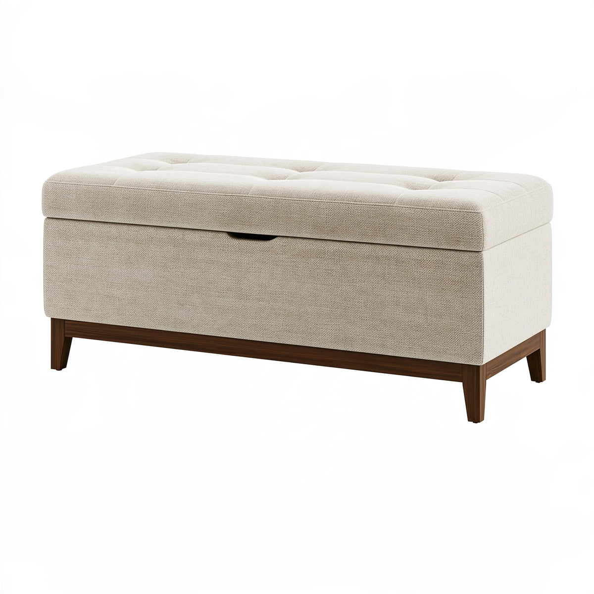 Coffre de rangement 120 cm en tissu beige avec pieds en bois - Banquette capitonnée