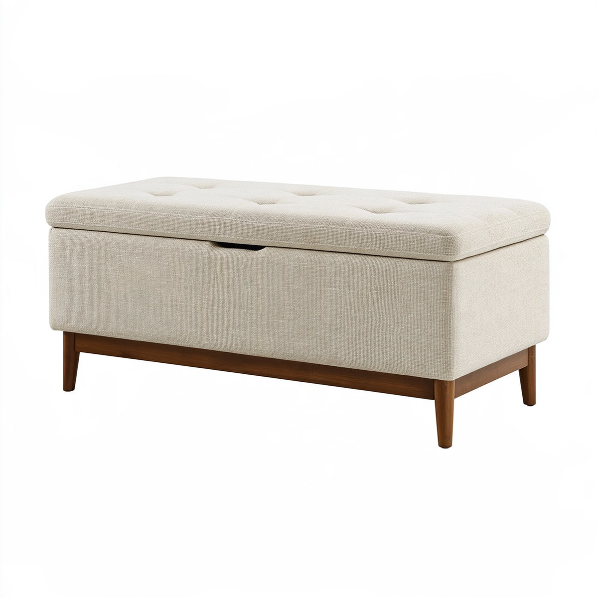 Banc de rangement 110 x 45 x 50 cm en tissu beige avec pieds en bois capitonnés