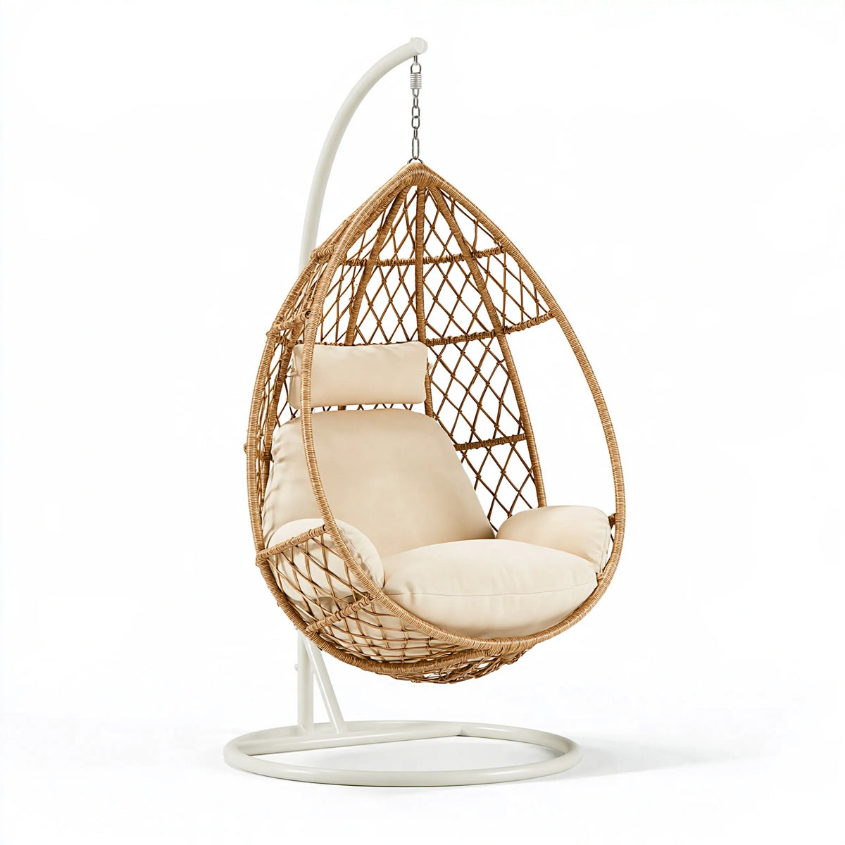 Fauteuil suspendu 105 x 105 x 195 cm en rotin naturel et métal blanc avec support intérieur