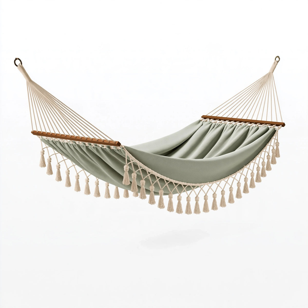 Hamac 300 cm x 140 cm en coton vert sauge avec barres en bois - style bohème suspendu