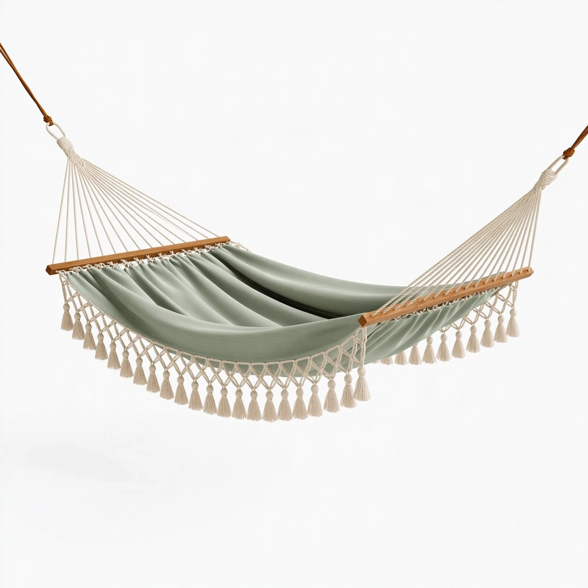 Hamac 200 x 100 cm en textile vert sauge avec barres en bois style bohème