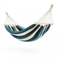 Hamac 300 x 100 cm en coton bleu pétrole et écru avec barres en bois pour jardin