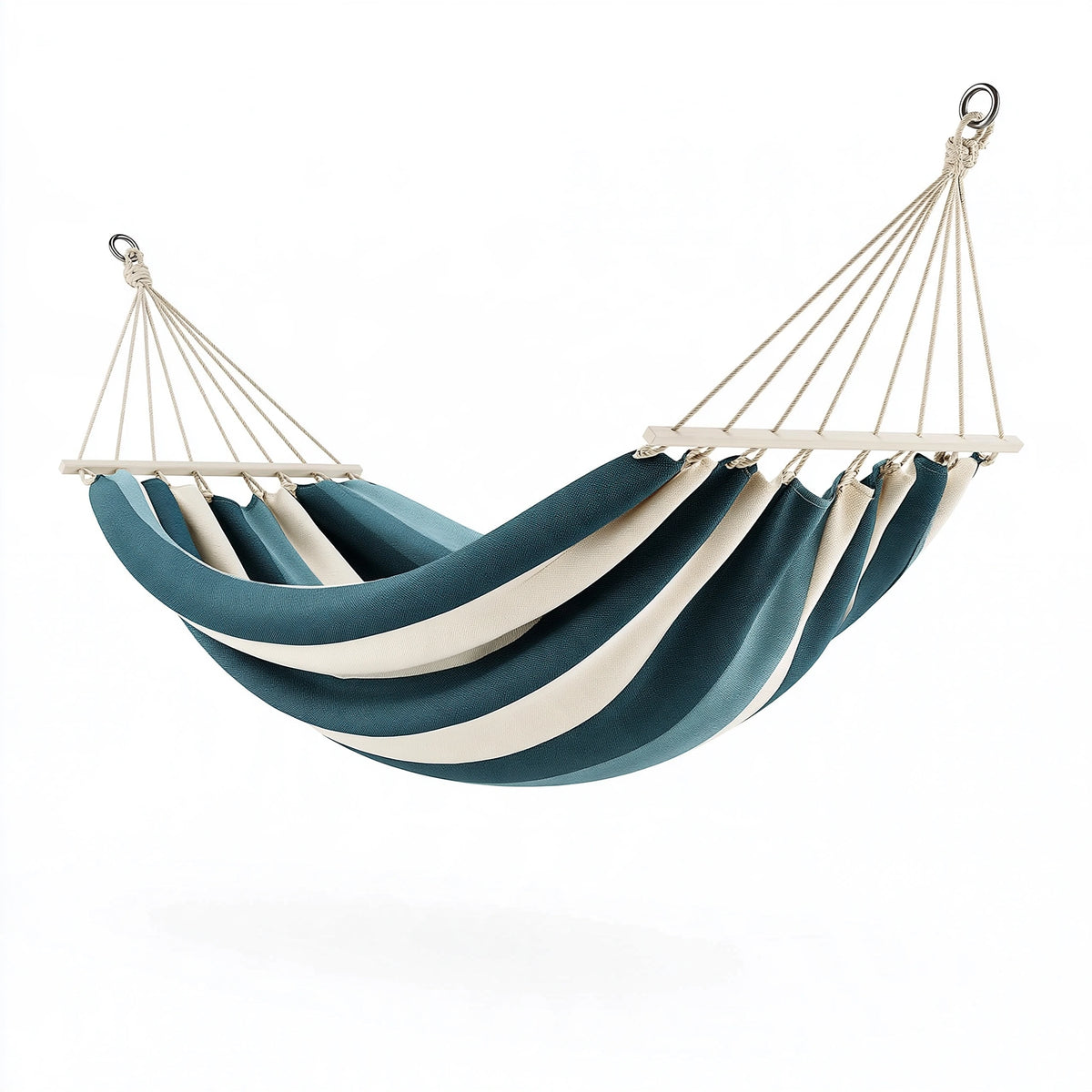Hamac 300 x 100 cm en coton bleu pétrole et écru avec barres en bois pour jardin