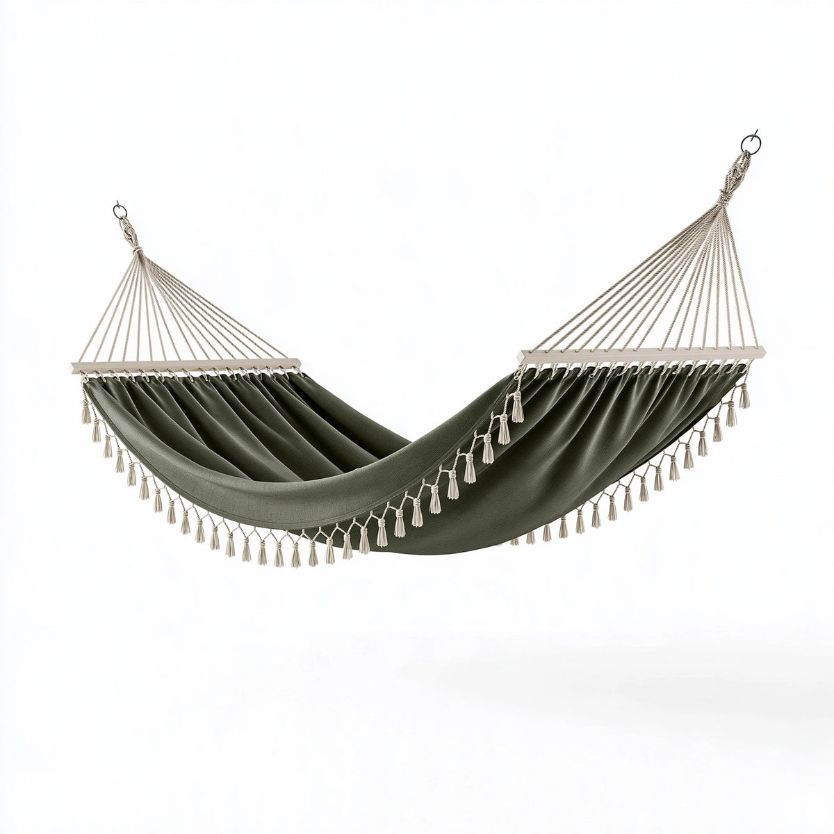 Hamac 200 x 100 cm en tissu tissé vert foncé à franges style bohème
