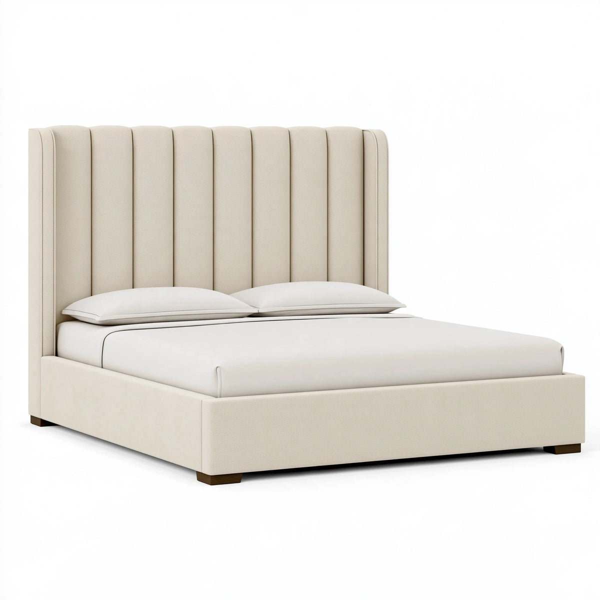 Lit double 180 x 200 cm en tissu beige avec tête de lit capitonnée contemporaine