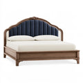 Lit double 180 x 200 cm en bois marron avec tête de lit capitonnée bleu nuit style classique