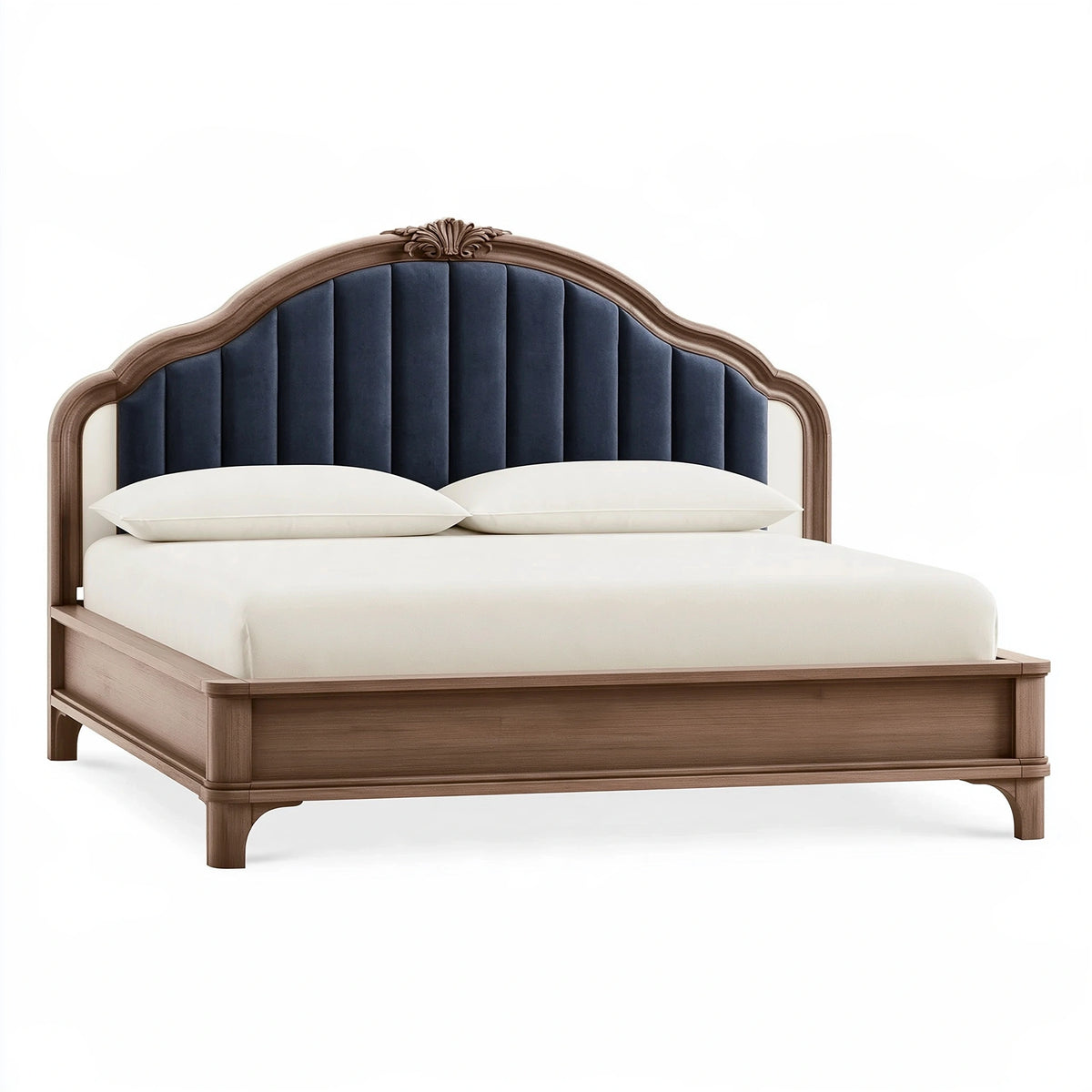 Lit double 180 x 200 cm en bois marron avec tête de lit capitonnée bleu nuit style classique
