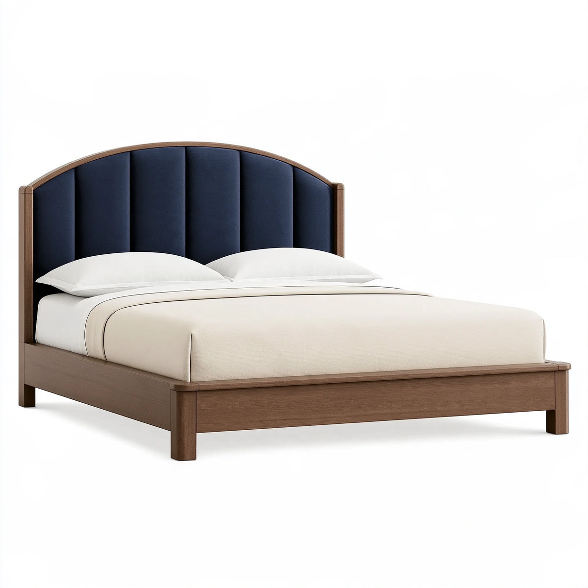 Lit double 160 x 200 cm en bois marron avec tête de lit capitonnée bleu marine - Style contemporain
