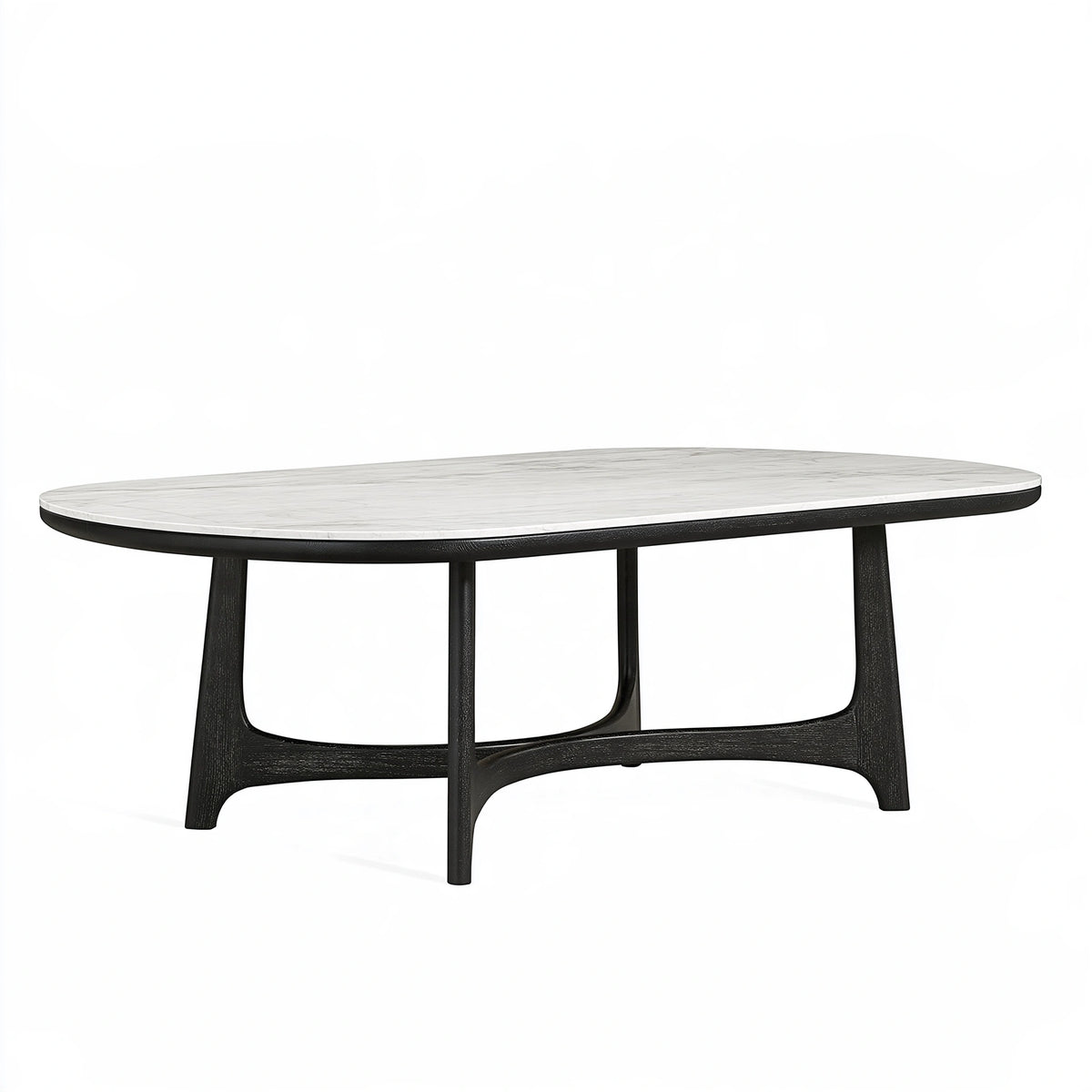 Table de salle à manger ovale 200 x 100 x 75 cm plateau aspect marbre blanc piètement bois noir style contemporain